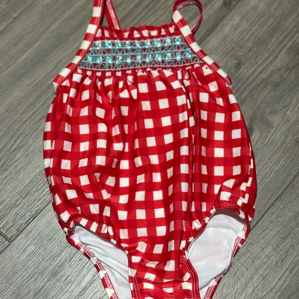 Kids Girl 2T Month Red Gingham One-Piece Swimsuit with Smocked Detail